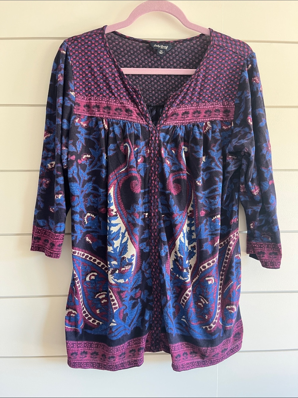 Lucky Brand Blue and Purple Paisley Split-Neck Tunic Size 1X